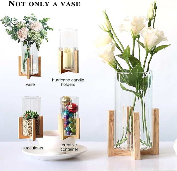 Glass Cylinder Vase with Wood Base,Bud Vase for Centerpieces,8 Inches Clear Ribbed Flower Vase,Tall Glass vase Hurricane Candle Holder,Wooden Vase Decorative for Home Decor,Wedding,Housewarming Gift