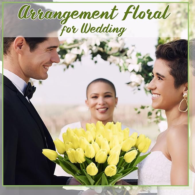Janinka 100pcs Artificial Tulip Flowers Fake PU Tulips Faux Latex Bouquet Flower Centerpieces Arrangement Floral for Mother Day Wedding Spring Decorations (Light Yellow)