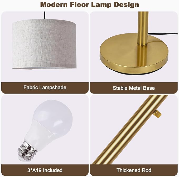 Netin Gold Floor Lamp, Arc Floor Lamps for Living Room Bright Lighting, 3 Light Dimmable Floor Lamp with Remote Control, 3 Color Temperature, Tree Floor Lamp for Bedroom Office