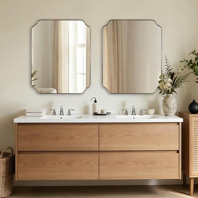 ANDY STAR 24"x30" Brushed Nickel Mirror, Silver Vanity Mirror for Bathroom Sink, Modern Scalloped Mirror in Rustproof Stainless Steel Thin Frame, Unique Rounded Notched Corners, Ideal for Home Remodel