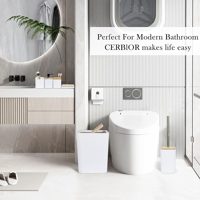 CERBIOR Bathroom Accessories Set 6 Piece Bamboo Bath Ensemble Includes Soap Dispenser, Toothbrush Holder, Toothbrush Cup, Soap Dish for Decorative Countertop and Housewarming Gift (White)