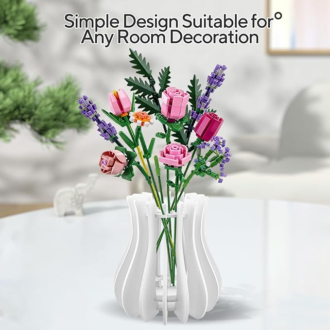 Wooden Vase for Lego Flowers - Wooden Vase for Lego Bouquet, Wood Vases Puzzle Set for LegoRoses Sunflower Tulips, Vases Kit for Artificial Bouquet Arrangement Home and Office Decoration (White)