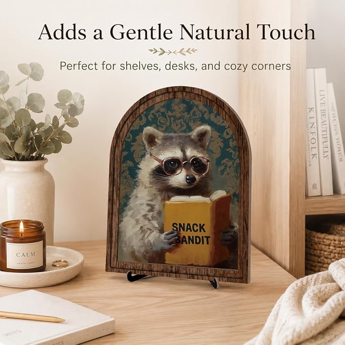 Wooden Tabletop Sign Funny Raccoon Decor for Bookshelf Desk Shelf, Arched Wood Frame Vintage Reading Animal Art, Rustic Home Office Display Accent for Animal Lovers