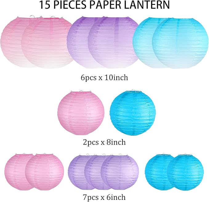 Paper Lanterns Decorative, Gradient Blue Purple Pink Round Hanging Paper Lantern Decorations for Under The Sea Theme Birthday Party, Wedding, Baby Shower, Home Decor, 15Pcs
