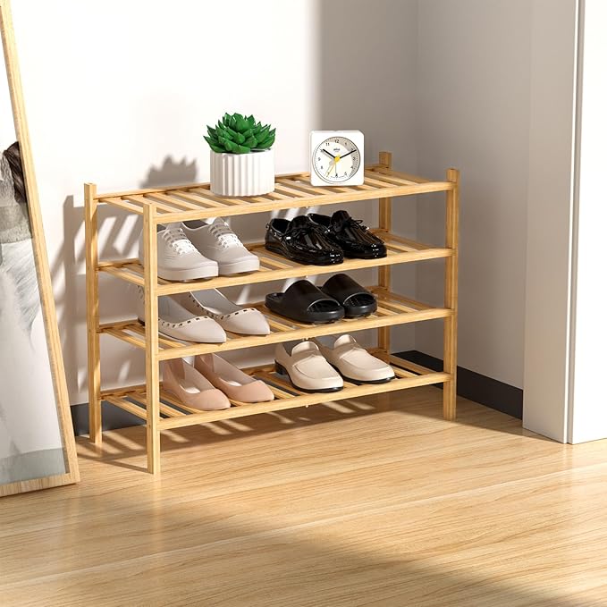 RONGJlA 4 Tier Bamboo Shoe Rack for Closet Free Standing Wood Shoe Shelf Storage Organizer for Entryway Small Space Stackable, Natural