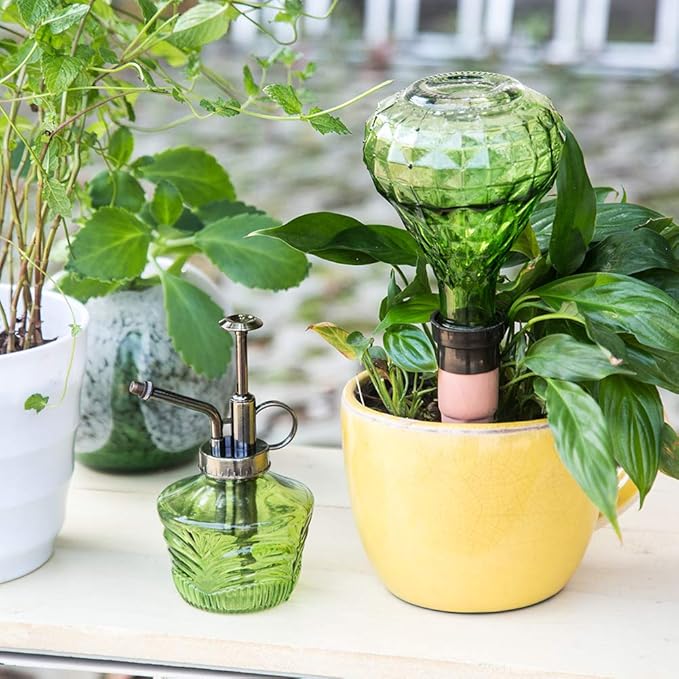 Glass Mini Watering Can Vintage Plant Mister Flower Water Spray Bottle and Faceted Glass Plant Watering Globe with Terracotta Spike, Plant Watering Gift Set,Green