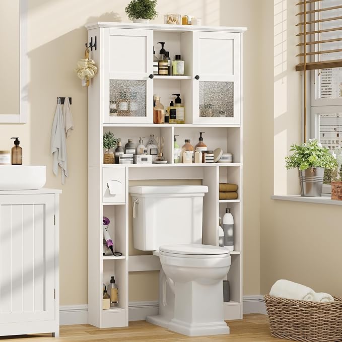 Over The Toilet Storage Cabinet, Bathroom Shelf Over Toilet with Hammered Grain Glass Doors and Adjustable Shelves, Freestanding Home Space Save Toilet Rack for Restroom, Bathroom, Laundry (White)