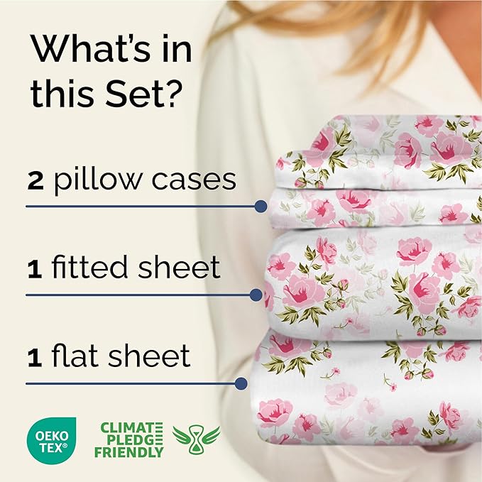 Floral Sheets - Pink Floral Bed Sheet Set - 1 Flat, 1 Fitted & 2 Pillowcases w/ Deep Pockets - Comfy, Wrinkle & Fade Free - Boho Botanical Bedding - Ultra-Soft, Breathable & Cooling - King Size Set
