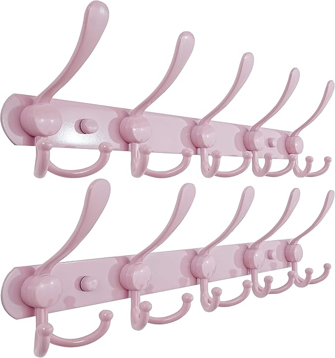 Dseap Coat Rack Wall Mounted - 5 Tri Hooks, Heavy Duty, Stainless Steel, Metal Coat Hook Rail for Coat Hat Towel Purse Robes Mudroom Bathroom Entryway (Pink, Pack of 2)
