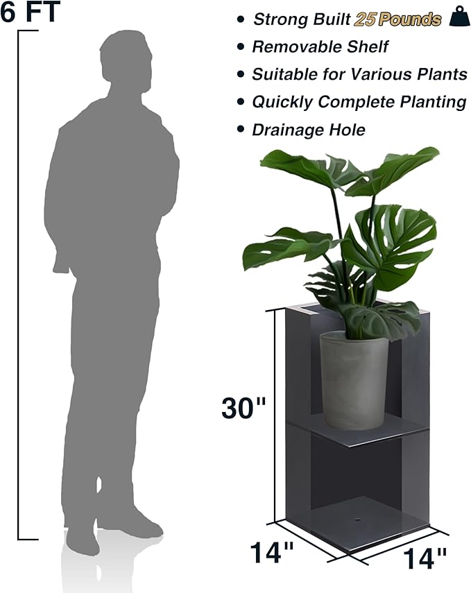 Wallowa Metallic Heavy Tall Outdoor/Indoor Planter Box, Seamless Metal Planter, Rectangular, 14”Lx14”Wx30”H, 25 Pounds, Dark Gray, No Assembly, 1 Pack