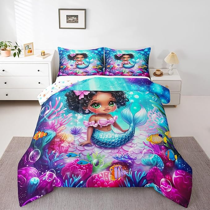 Cute Mermaid Comforter Set Twin Size,Reversible Cute Girl Fish Scale Print Black Bedding Set for Kids Boys Men,African Style Cartoon Fairy Tale Theme Quilted Duvet Set with 1 Pillowcase