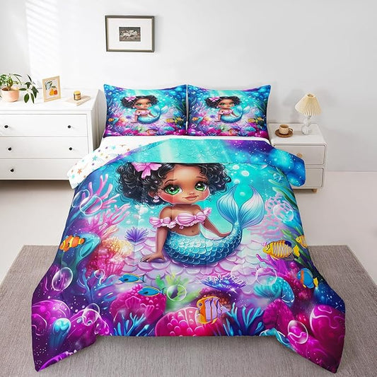Cute Mermaid Comforter Set Queen Size,Reversible Cute Girl Fish Scale Print Black Bedding Set for Women Adult,African Style Cartoon Fairy Tale Theme Luxury Bed Duvet Insert, 2 Pillowcases