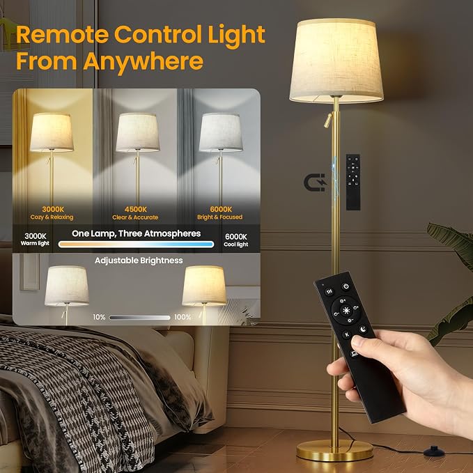 Modern Floor Lamp for Living Room and Bedroom- 55"-67" Height Adjustable Standing Lamps with Dimmable LED Bulb and Remote Control-Bright Tall Stand Light with Shade for Corner Lighting （Gold）