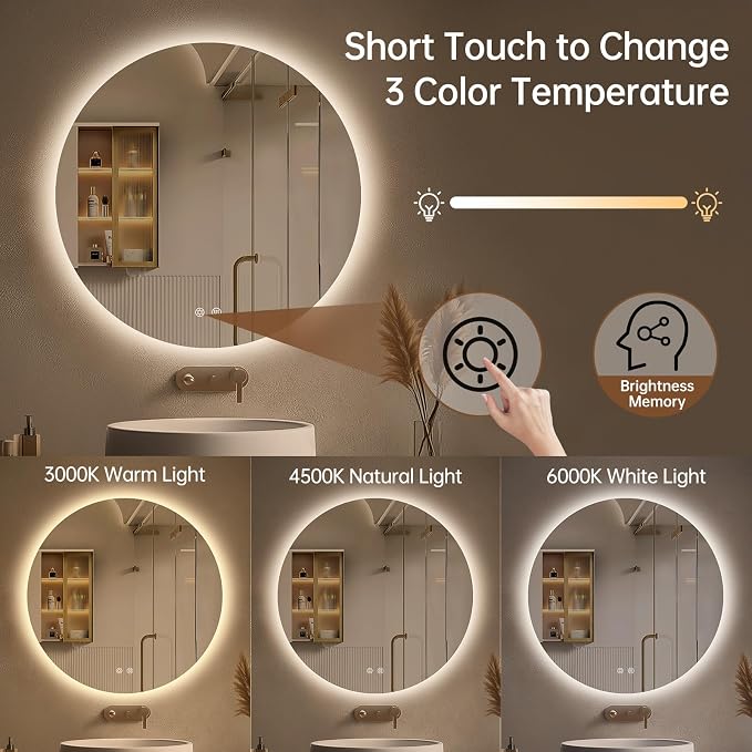LOVESPEJO 24 Inch Round Backlit Bathroom Mirror with Lights, Circle LED Mirror for Bathroom, Fogless, Stepless Dimmable, 3 Color Changing, Memory, IP54, Shatterproof