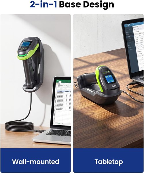 Eyoyo Wireless Barcode Scanner - Pro 1D 2D QR Bluetooth Reader with 1.44" LCD & 2900mAh Battery | Wall-Mount Cradle