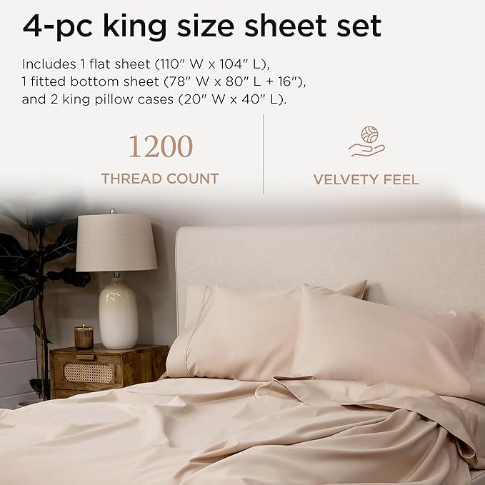 Threadmill Luxury Supima Cotton Sheets, 1200 Thread Count Soft 100% Cotton Sheets for King Size Bed, 4 Pc Beige King Bed Sheets Set, 5-Star Hotel Quality with Elasticized Deep Pocket King Sheets