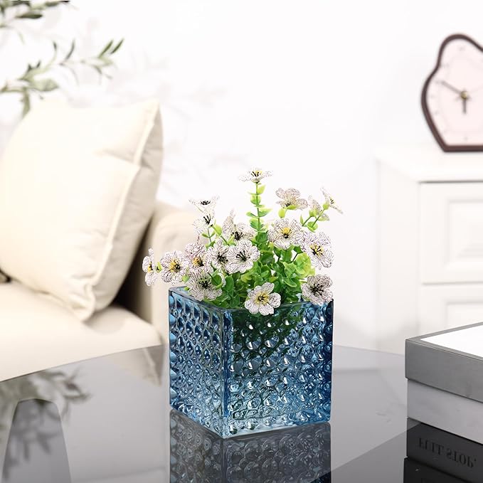 Square Vases Set of 6, 4" x 4" x 4" Square Glass Vases for Flowers, Blue Flower Vase for Centerpieces, Small Bubble Vase for Wedding, Party, Home, Office, Parties, Events