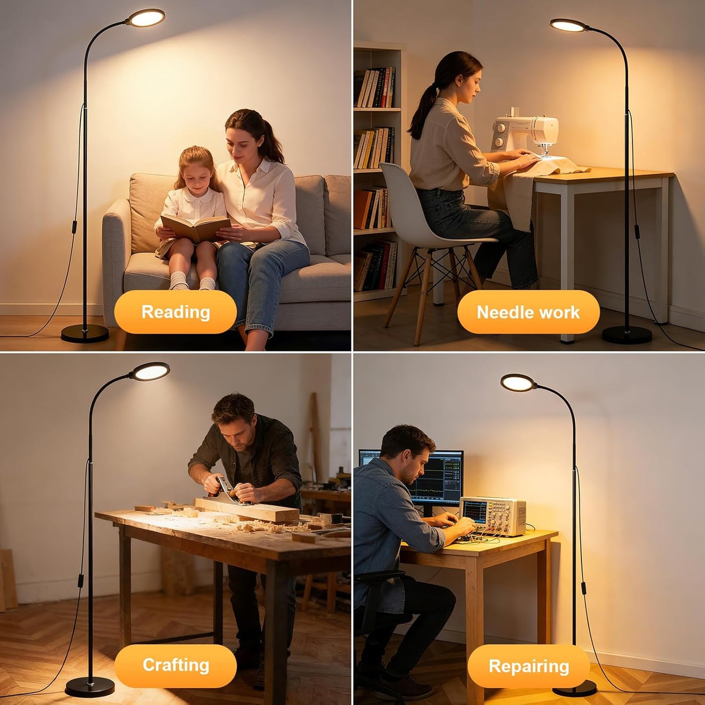 Skiennix Modern Black Floor Lamp - 62.6” Adjustable Gooseneck LED Lamp with Dimmer & Color Temperature for Living Room, Bedroom, Office