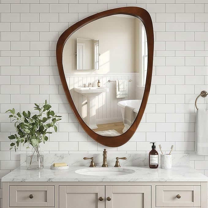 24x36 Inch Asymmetrical Wall Mirror Wood,Rustic Irregular Shaped Vanity Mirror for Bathroom,Bedroom, Living Room, Entryway, Fireplace,Wall Decor,Solid Wooden Frame (Yellow Brown, 24"x36" Inch)