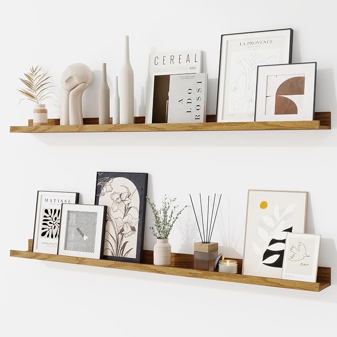 RICHFOCUS Picture Ledge Shelf, 40 inch Floating Shelves Set of 2, Wood Wall Shelves with Lip, Wall Decor Storage for Bedroom Living Room Bathroom Kitchen Nursery Photo Picture, Oak