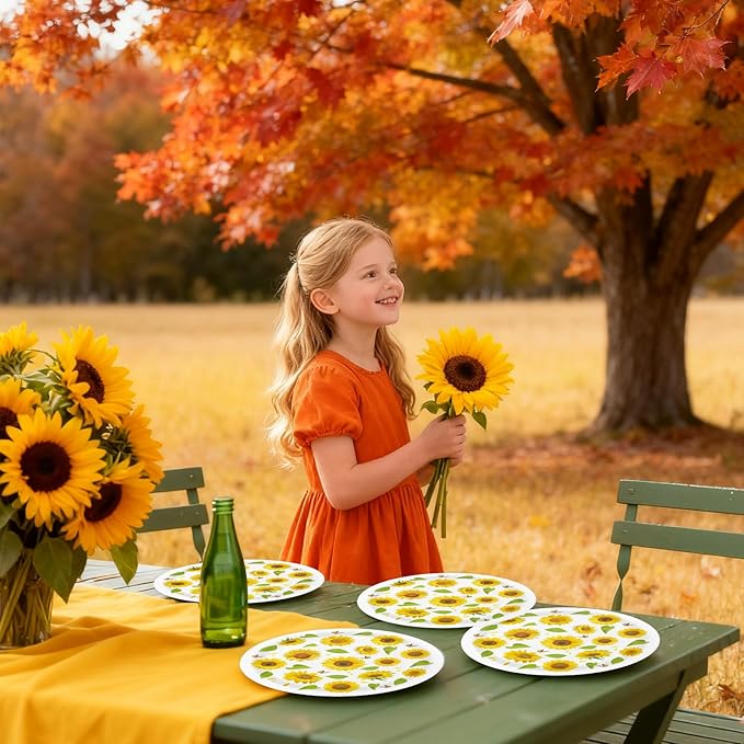 50PCS Sunflower Party Paper Plates 7 Inch, Disposable Floral Birthday Cake Dessert Plates for Picnic Birthday Bridal Shower Fall Party Decorations (Sunflower)
