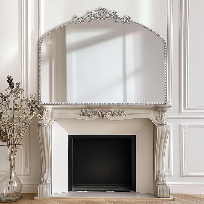 Antique Silver Arch Wall Mirror, 40"x30" Vintage Mantel Mirror with Ornate Metal Frame, Baroque Home Decor for Fireplace/Entryway/Bathroom/Living Room/Hallway