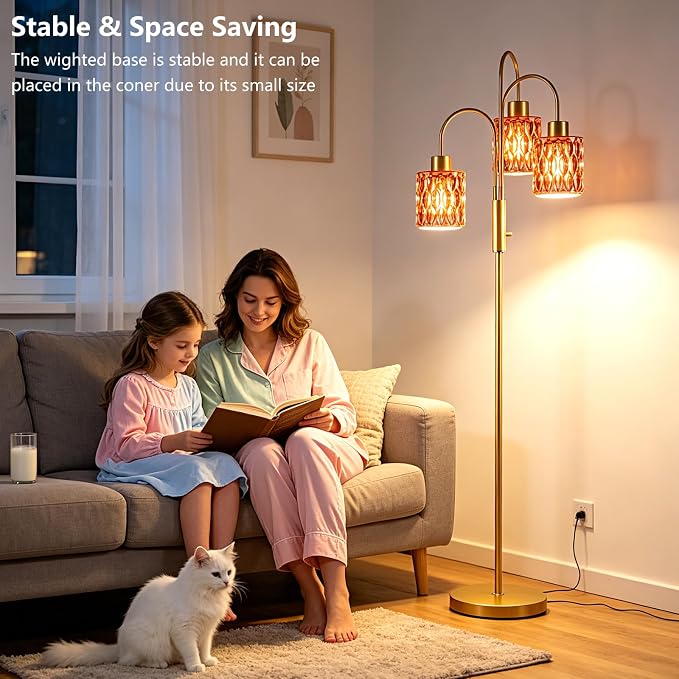 70" Glass Floor Lamp, 3-Light Gold Dimmable Standing Tall Lamp with Deep Red Ribbed Glass Shades &3PCS 3000K Warm White Bulbs, Modern Tree Pole Lamp for Living Room Bedroom Home Decor