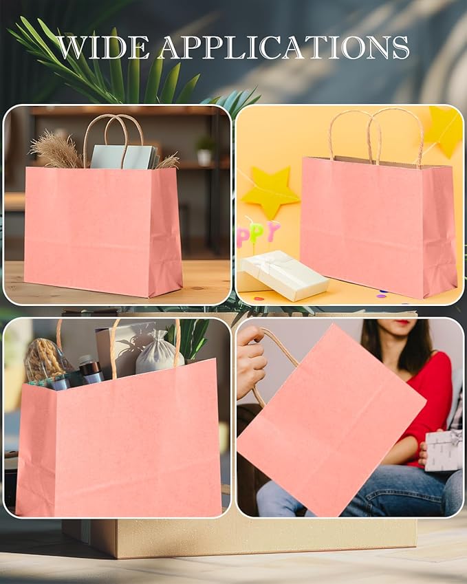 qiqee 13"x4.5"x10" Large Gift Bag with Handles Bulk 32PCS Gift Paper Bags Light Pink Bags Multiple Uses (Wide Large)