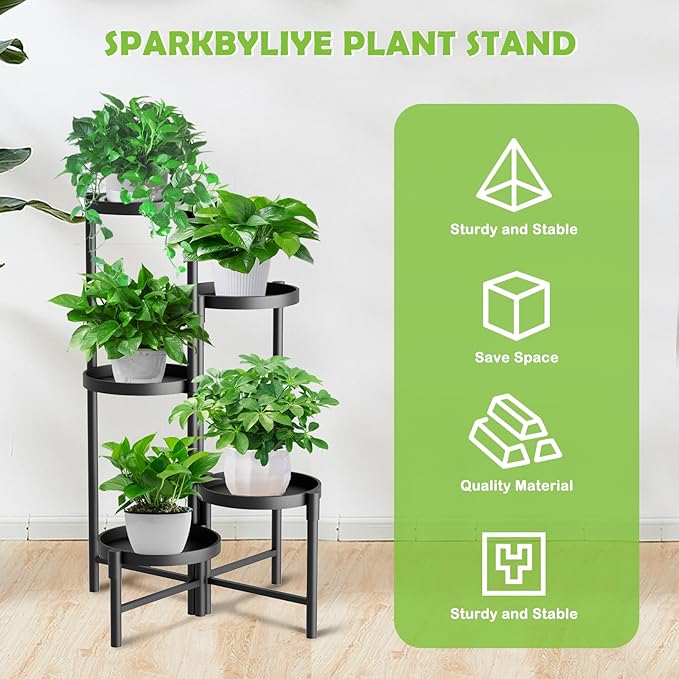 5 Tier Heavy Duty Metal Plant Stand for Indoor & Outdoor Use, Foldable Tall Corner Plant Shelf, Black Flower Pot Holder & Display Rack for Living Room, Balcony, Garden, & Patio