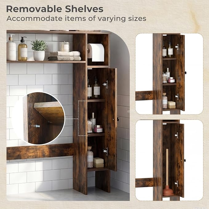 Tangkula Over the Toilet Storage Cabinet, Bathroom Organizer with Toilet Paper Holder, Adjustable Shelves, Freestanding Behind Toilet Stand, Perfect for Bathroom, Laundry (Modern, Rustic Brown)