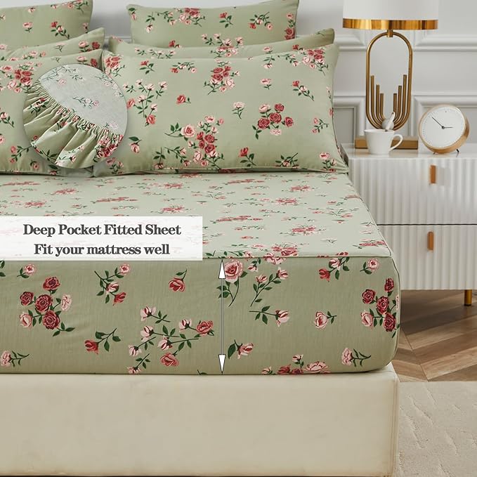 FADFAY Full Size Sheet Set 100% Cotton Sage Green Bed Sheets, French Country Red Rose Floral Pattern, Soft Cool Luxury Bedding, Shabby Vintage Style, 4 Pieces Deep Pocket Fitted Sheet