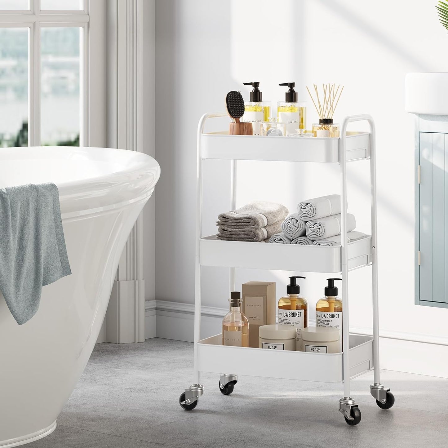 TOOLF 3-Tier Rolling Cart - Metal Utility Storage Organizer with Lockable Wheels | Easy Assembly, White