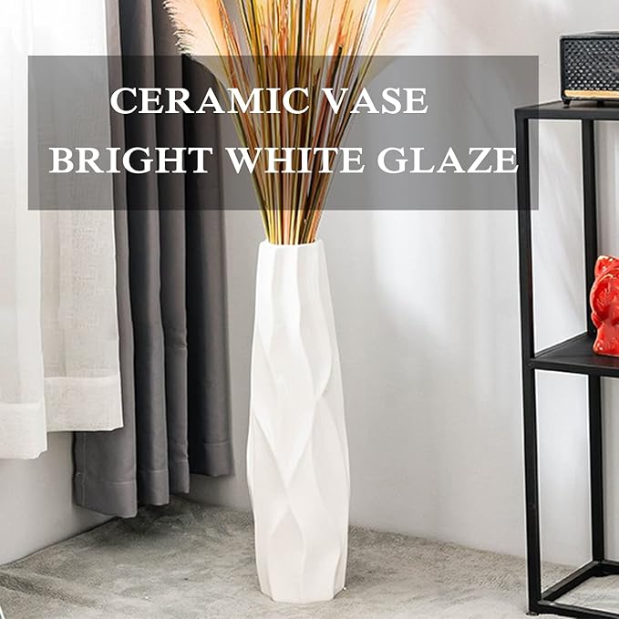 Floor Vase, GDSZJLJ 28 Inches Tall Ceramic White Large Decorative Vases for Modern Home Decor, Living Room, Minimalist Style Flower Vase for Pampas Grass, Flowers, Twigs, Office, Bedroom Décor