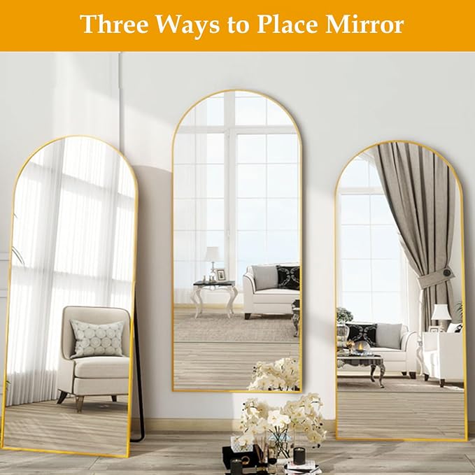 Dewfig Arched Full Length Mirror, 71"*30" Large Floor Mirrors, Full Body Mirror for Leaning or Hanging, Standing Mirrors for Bedroom, Living Room,Dressing Room, Aluminum Alloy Frame, Gold