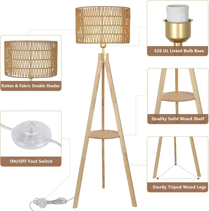 LAMSU Oak Wood Tripod Floor Lamps for Living Room, Boho Floor Lamp with Shelves, Mid Century Rattan Standing Lamp with Fabric Shade, ON/Off Switch, Farmhouse Tall Floor Lamps for Bedroom Office