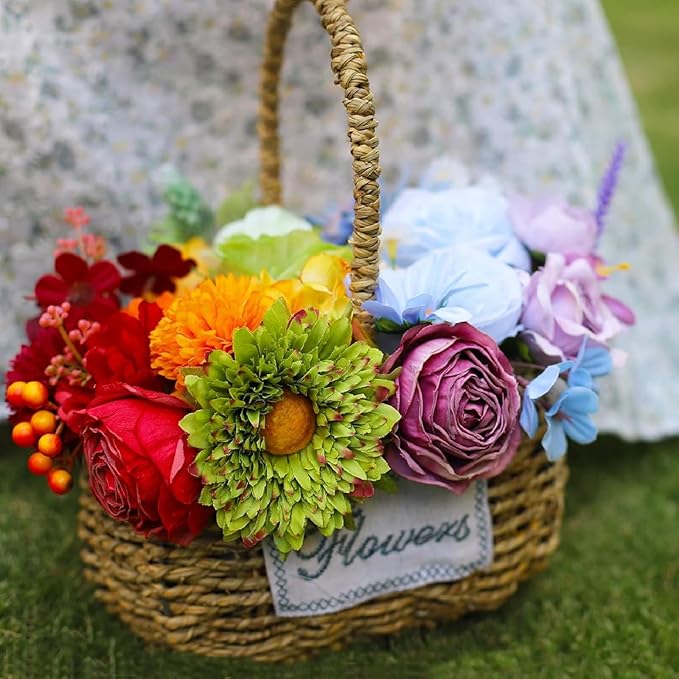 Artificial Flower Combo Set, 37PCS Rainbow Silk Flower Faux Bouquet Set with Stems for DIY Bridal Wedding, Colorful Fake Flowers for Flower Arrangement Party and Home Decor
