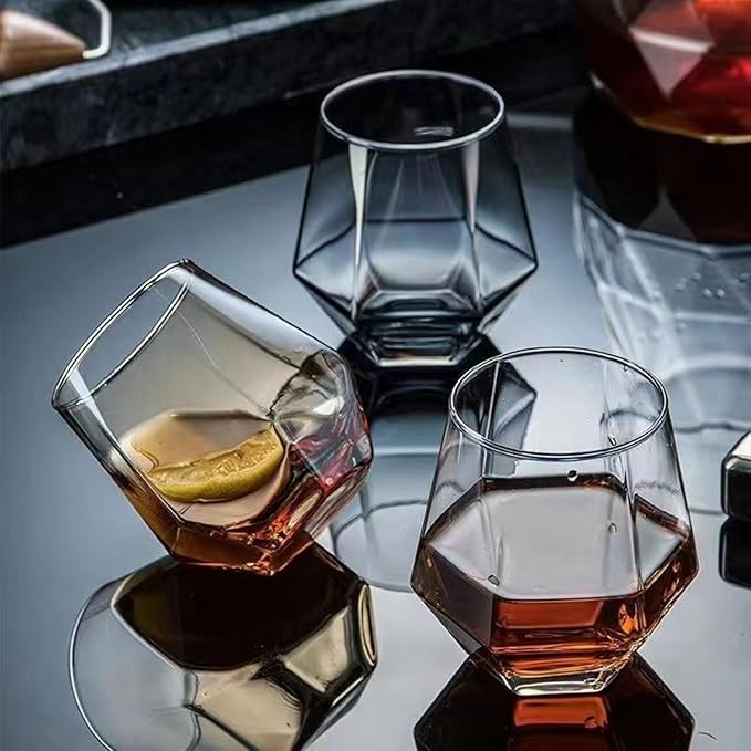 Wine Glasses Set Of 4,Stemless Diamond Wine Glass Shape 10 Oz Gray Christmas Glassware Dishwasher Safe, Spill-Proof Design For Red Wine, Cocktail, Whiskey, Bourbon for Wine Lovers (Gray)