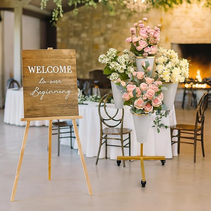 Flower Display Stand with Buckets - Flower Cart with Wheels for Bouquet Shop, Metal Flower Rack Display Stand for Wedding Garden, Party, Events (Gold, Round buckets)