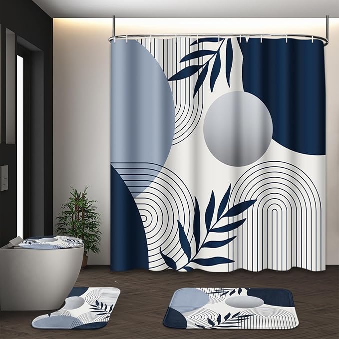 Boho Navy Blue and Grey Shower Curtain Set with Toilet Lid Cover and Non-Slip Rugs, Modern Minimalist Geometric Mid Century Abstract Leaf 4 Pcs Shower Curtain for Bathroom Set with 12 Hooks