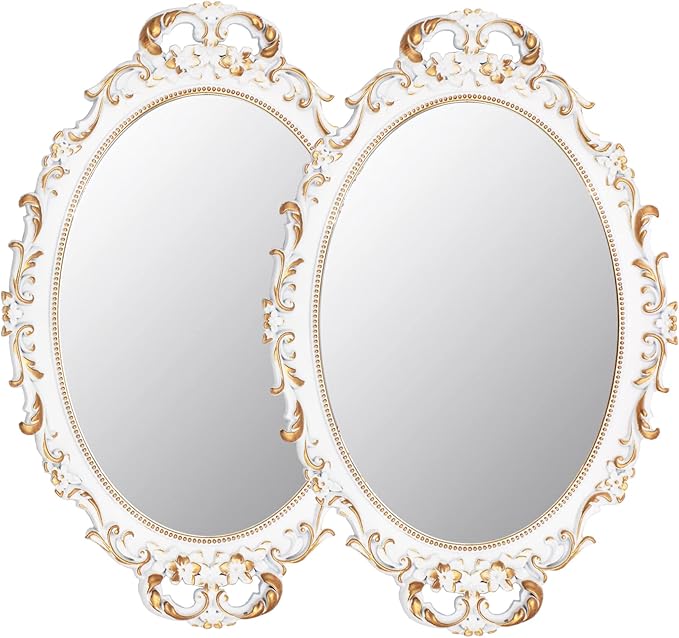 Tstarer 2 Pack - Vintage Decorative White Framed Mirror, Wall Hanging Mirrors & Tabletop Tray for Bedroom Living Room Dresser Decor, Oval- 9.6" W x 14.3" L (WHITE-2PACK)