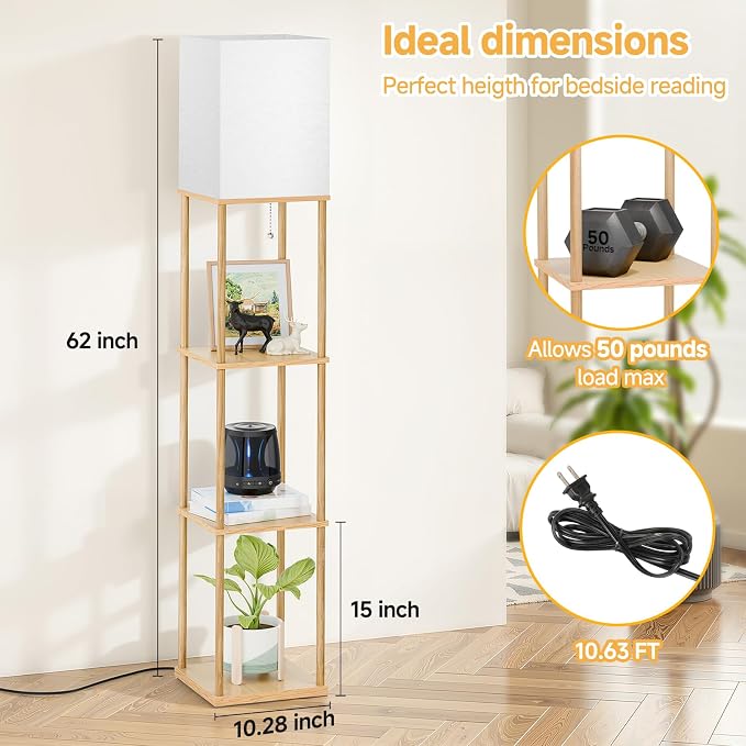 SHINE HAI Floor Lamps with Shelves for Living Room, 3-Tier Square Modern Standing Lamp with 3CCT Bulb, 11W 950LM Brightness, Tall Shelf Lamp for Bedroom, Office, Bookshelf & Display Organizer
