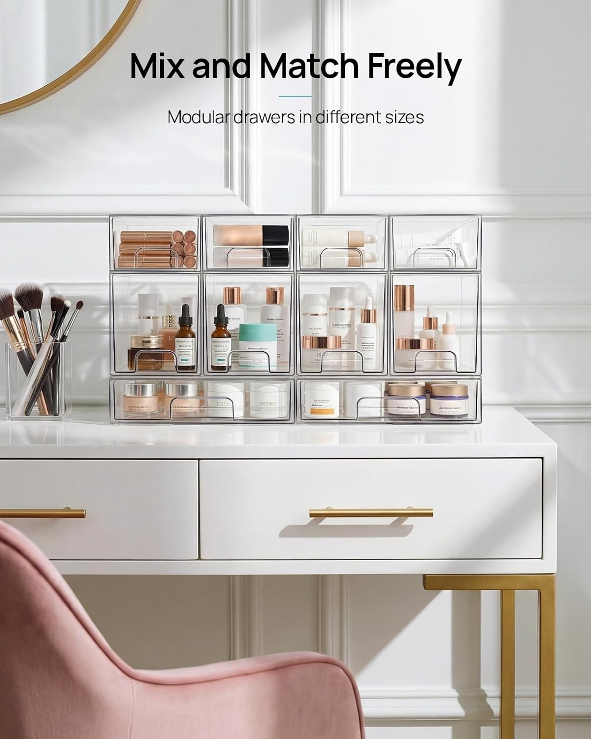 Vtopmart Clear Stackable Storage Drawers - 4 Pack Acrylic Makeup Organizer for Bathroom & Kitchen