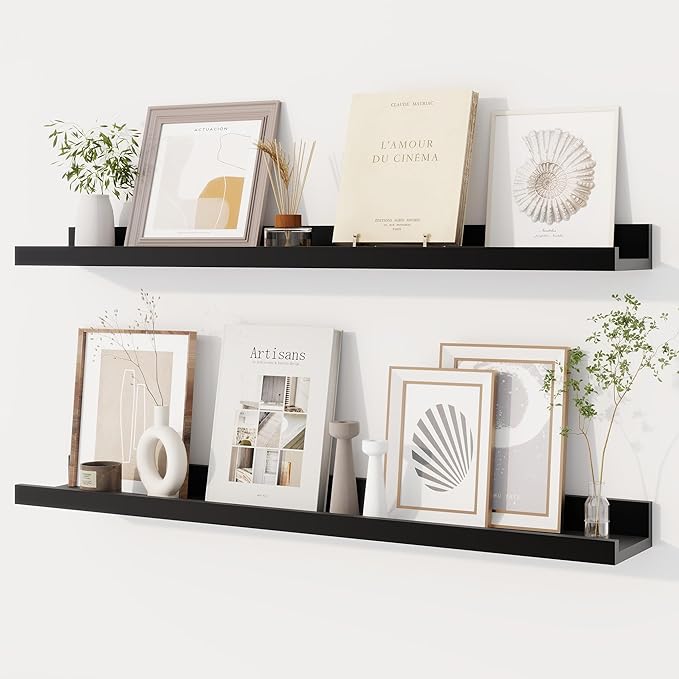 Dreamland Picture Ledge Shelf for Wall, Floating Shelves Set of 2, 32 Inch Long Floating Shelves with Lip for Living Room, Bedroom, Bathroom, Kitchen, Black