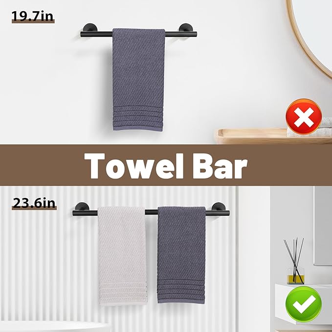6 Pieces Matte Black Towel Bar Bathroom Hardware Set, 23.6Inch Matte Black Bathroom Accessories Towel Holder Set, SUS304 Stainless Steel Towel Racks for Bathroom