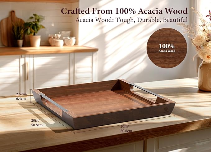 Large Ottoman Tray: 20" Square Acacia Wood Serving Tray with Metal Handles - Extra Large Decorative Tray for Coffee Table, Breakfast in Bed, Charcuterie, Living Room & Party