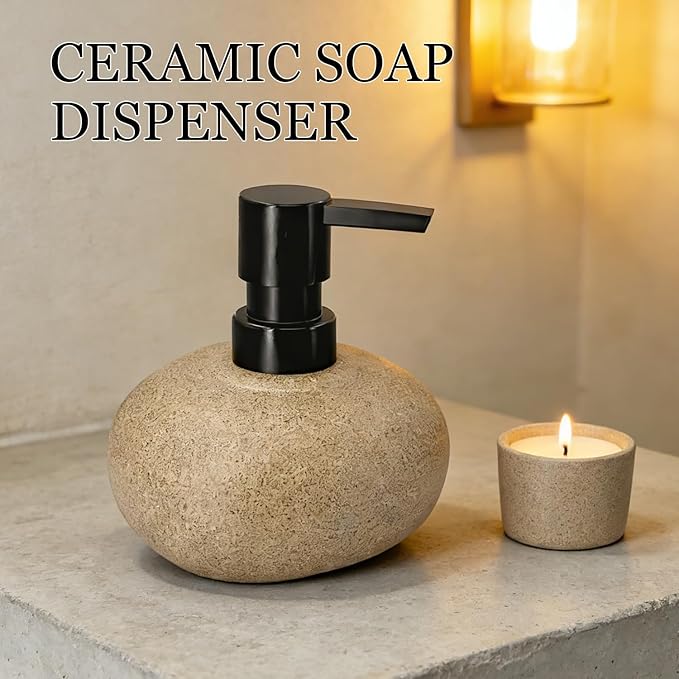 300ml 10oz Ceramic Hand Soap Dispenser, Refillable Modern Pump Dispenser for Hand and Dish Wash, Heavy & Sturdy Liquid Soap Dispenser for Kitchen Countertop and Bathroom (Brown)