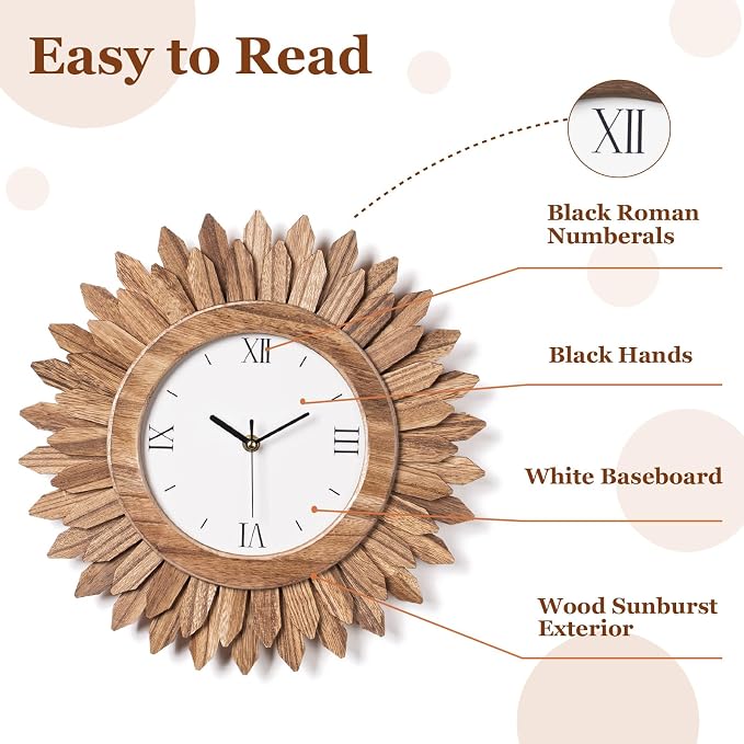 Honiway 14 Inch Wall Clocks Battery Operated Silent Non Ticking Rustic Wood Boho Sunburst Decorative Wall Clock for Living Room Kitchen Bedroom Farmhouse Office Decor (Rustic Brown-Roman Numerals)