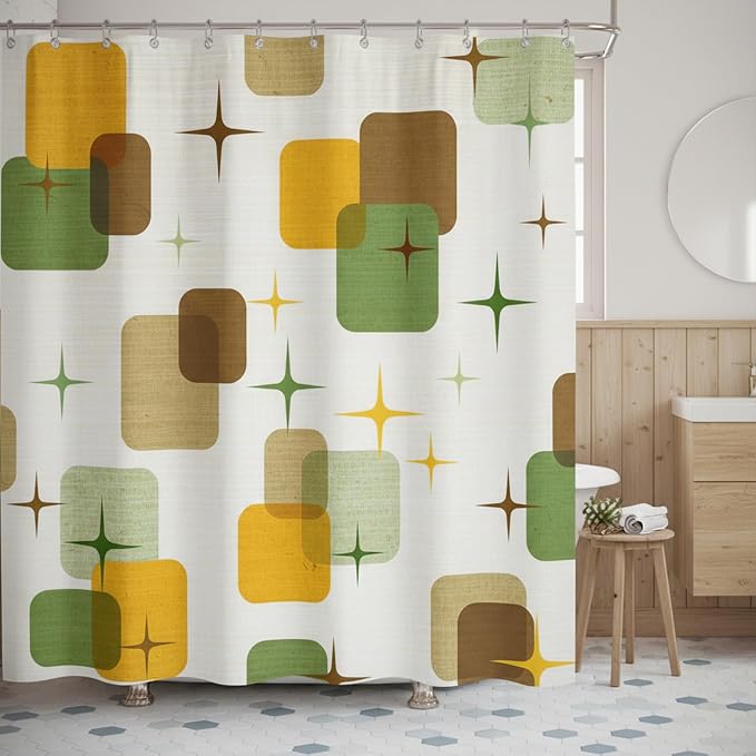 Mid-Century Modern Shower Curtain, Retro Geometric Atomic Starburst Design, Vintage 1950s Abstract Shapes Aesthetic Bathroom Decor, Waterproof Fabric, 72x72 Inch.