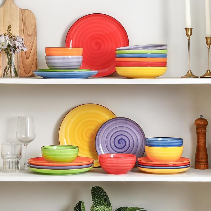 Selamica Ceramic Plates and Bowls Sets,32 Pieces Dinnerware Sets for 8,Scratch Resistant Dish Set for holiday gathering,Dishwasher & Microwave Safe, Dopamine Colors
