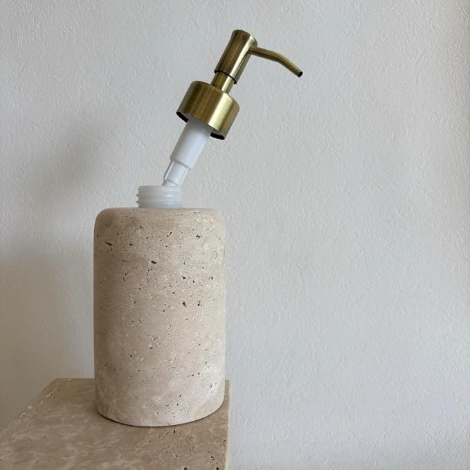 Natural Marble Vintage Stone Refillable Bathroom Liquid Dispenser 165ml Lotions Soap Container Stainless Steel Pump Head (Beige Travertine)